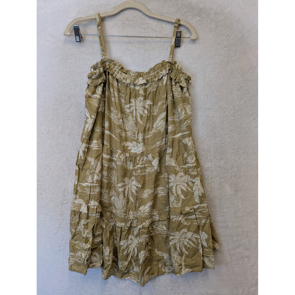 a.n.a Dress Women's L Olive Green Tropical Palm Tree Tiered Linen Blend Boho